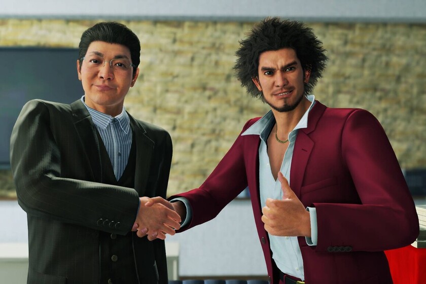 Ichiban Kasuga from Yakuza: Like a Dragon shaking hands with a business man