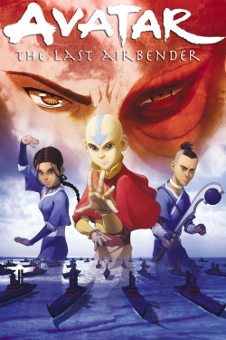 The cover art for Avatar, The Last Airbender. The first season's antagonist's face is in the background as the sky, while in front of it are the main protagonists of the first season, Katara, Aang and Sokka, all posing as if ready to battle. Below them is a fleet of military ships