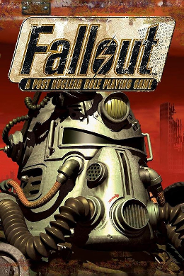 The cover art for the first game in the Fallout franchise, depicting a member of The Brotherhood of Steel in their imposing power armor helmet
