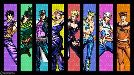 Stylised 3D renders of the first eight protagonists of Jojo's Bizarre Adventure. From left to right, they're Jonathan Joestar, Joseph Joestar, Jotaro Kujo, Josuke Higashikata, Giorno Giovanna, Jolyne Cujoh, Johnny Joestar (alternate universe version of Jonathan Joestar), and Josuke Higashikata (kind of an alternate universe version of the other Josuke Higashikata previously mentioned). Missing from this lineup is the most recent protagonist, Jodio Joestar. That is because his part came out in 2023, and this render is from years before then