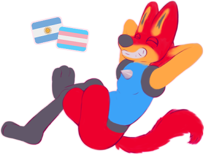 My Lucario fursona, sitting cross-legged and smiling, next to them are the trans and argentinian flag