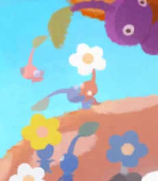 Several of the titular Pikmin all around the picture. In the centre of the image are to pikmin who seem to be kissing