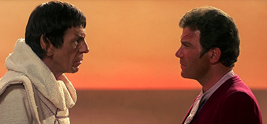A gif of Nimoy's Spock and Shatner's Kirk looking at each other. the background features a very evocative sunset, from the planet Vulcan