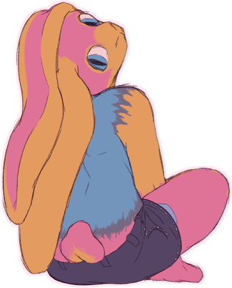 my bunny fursona, with their back against the reader, but looking over their shoulder to see you