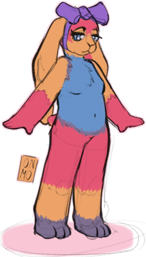 a chibi drawing by Gus, of my bunny fursona, posing with a purple bow. the drawing was coloured by me