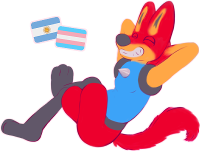 My Lucario fursona, sitting cross-legged and smiling, next to them are the trans and argentinian flag