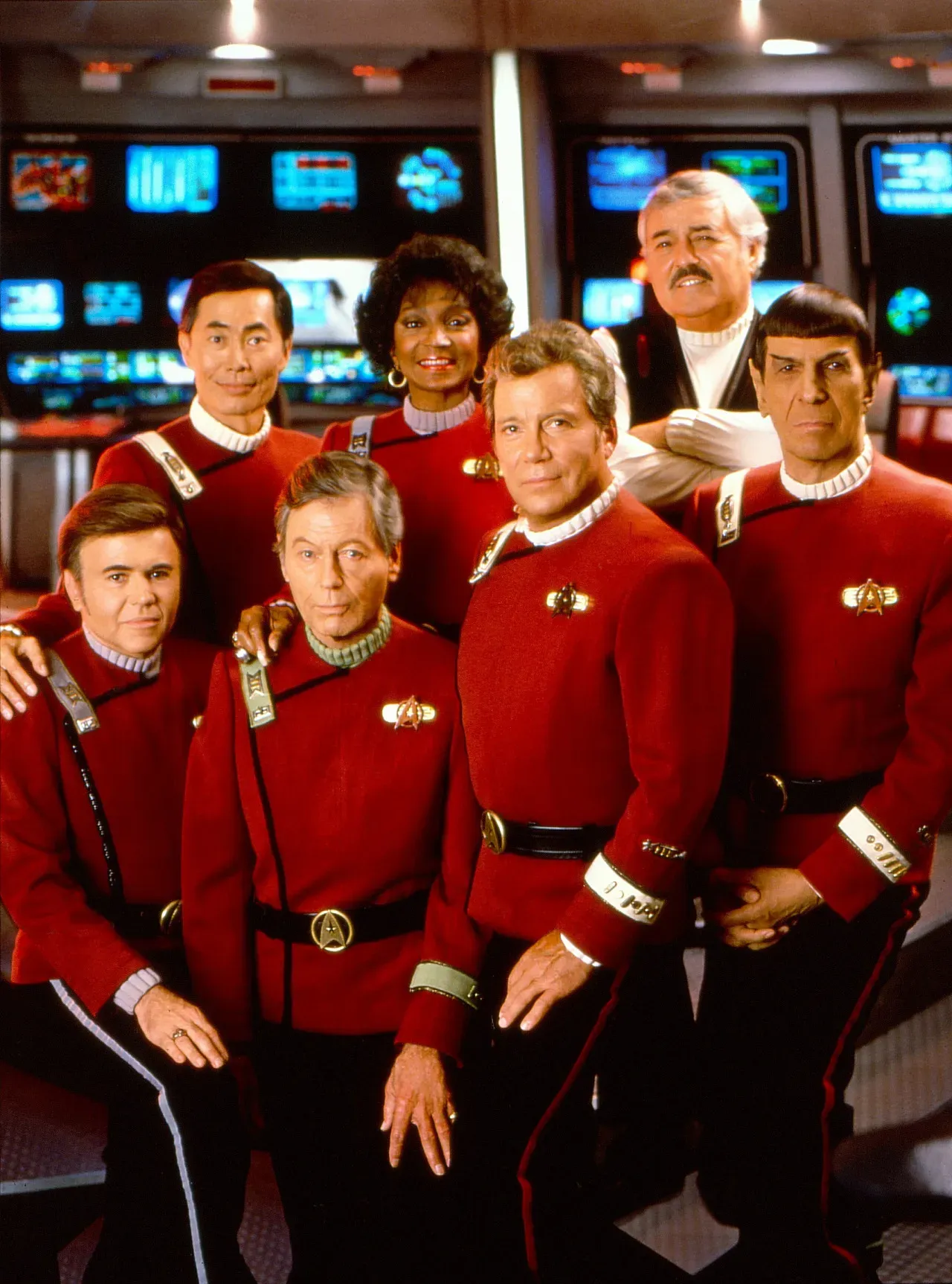 A famous picture of the senior staff of the Enterprise, as seen in Star Trek VI. From left to right, and back to front, they're Hikaru Sulu, played by George Takei, Nyota Uhura, played by Nichelle Nichols, Montgomery Scott, played by James Doohan, Pavel Chekov, played by Walter Koenig, Leonard McCoy, played by DeForest Kelley, James Kirk, played by William Shatner, and Spock, played by Leonart Nimoy
